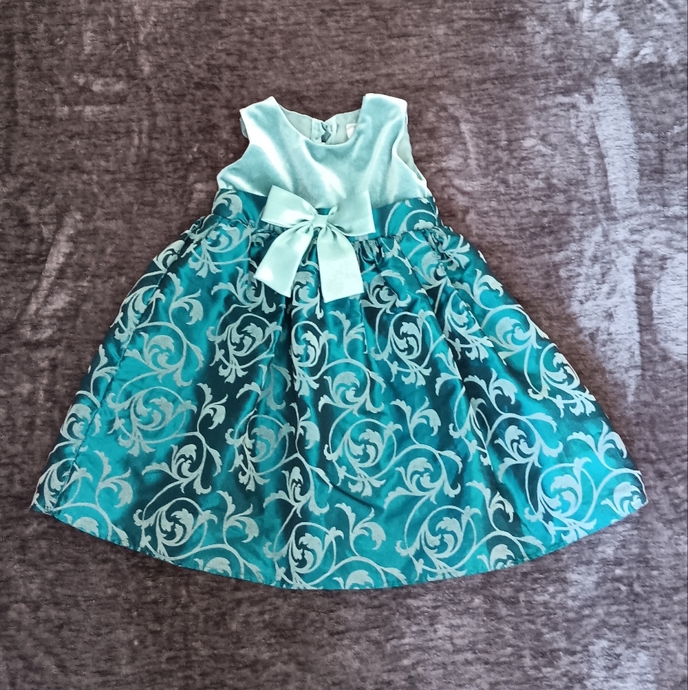 Cherokee Girls Teal Floral Dress w/Bow Accent 24M